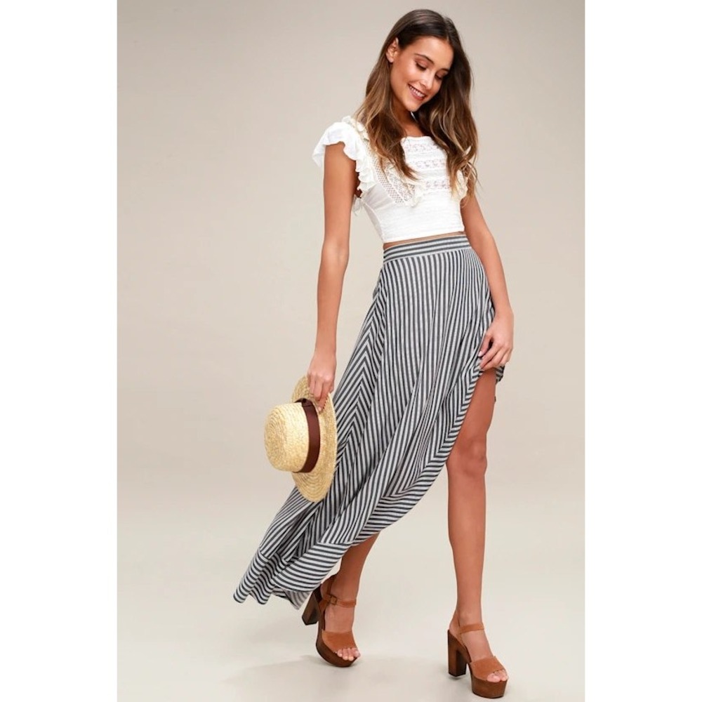 Lulus King Harbor Burgundy and Navy Blue Striped Maxi Skirt High Low Ruffle SM